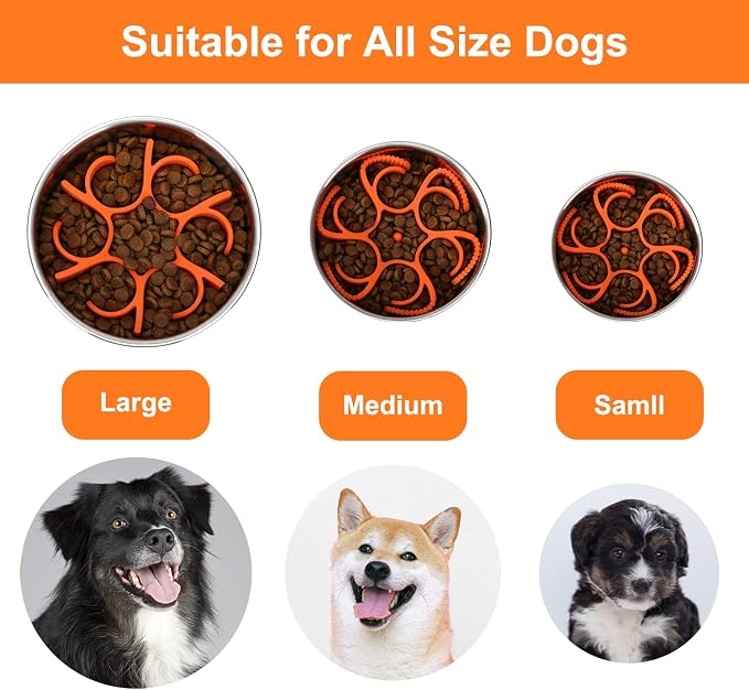 Anipaw Dog Slow Feeder Bowls Silicone Spiral Pet Food Feeder Insert to Slow Down Eating for Large Medium Small Breed Dogs Perfect with Stainless Steel Glass Ceramic Pet Bowls (Orange)