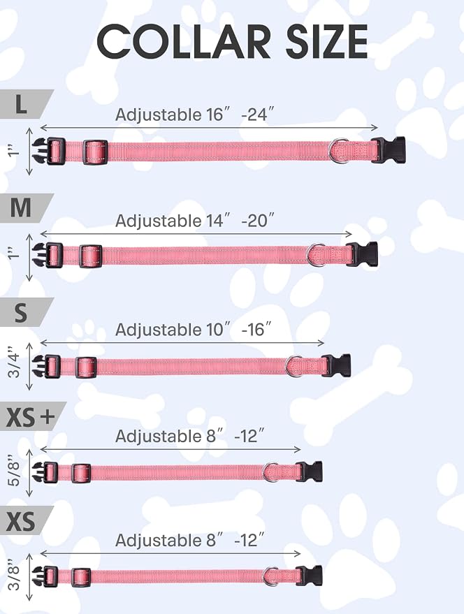 FunTags Length 8" - 12" Reflective Babypink Dog Collar for Extra Small Dogs – Night Walking & Training Safety, Durable Quick Release Buckle, Nylon, Comfortable Adjustable, Width 5/8"