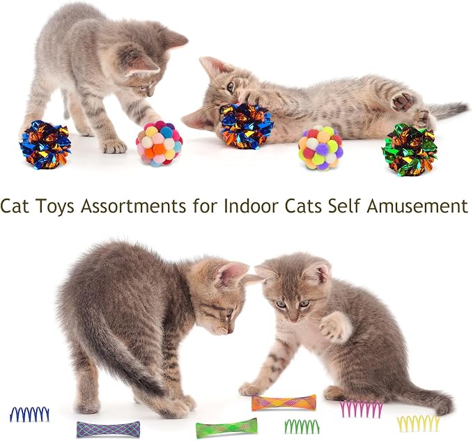 Retro Shaw Cat Toys Pack 25Pcs, Interactive Kitten Toys for Indoor Kittens Cats, Collapsible Kitty Play Tunnel Tent Feather Wand Balls Bell Springs Mouse Kitty Toys for All Breeds (4 Tunnel)