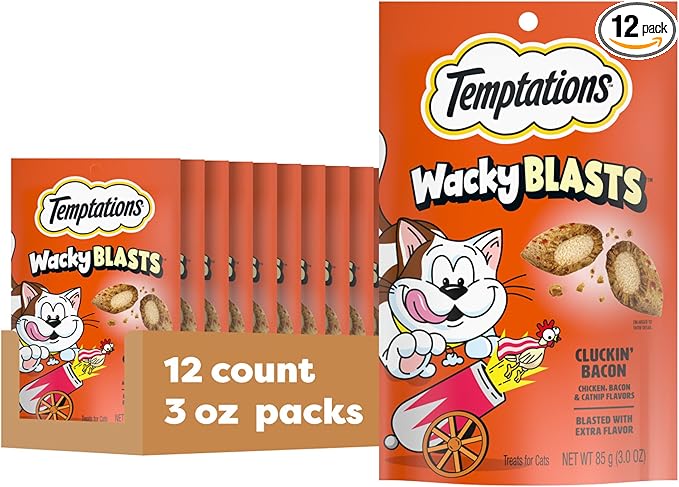 Temptations Cat Treats Wacky Blasts, Cluckin’ Bacon Flavor, 3 oz. Pouch (Pack of 12)