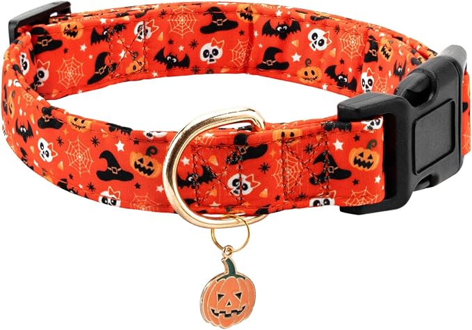 Personalized Halloween Dog Collars,Adjustable Puppy Collars with Safety Buckle for Small Medium Large Dogs,Cute Orange Pumpkin Pattern Pet Collar for Boy Girl Dogs. (Orange Pumpkin, S)