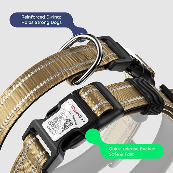 Airtag Dog Collar, Reflective Ultra-Durable Nylon Padded with QR Code Buckle & IP68 Waterproof Air Tag Holder Compatible for Apple AirTag, Comfortable for Small Medium Large Dogs(Brown,S)