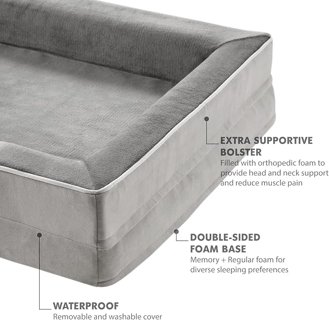 Friends Forever Orthopedic Dog Bed for Extra Large Dogs, Waterproof Memory Foam Dog Sofa Bed XL with Removable Washable Cover, Ally Grey, 42x32x7