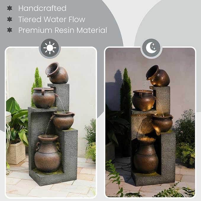 Resin Outdoor Water Fountain 4-Tier Jar Waterfall - Quiet Pump, LED Lights, Rustic Jar Cascading Water Feature for Garden Patio Backyard Decor, 53" H Fountain, Grey