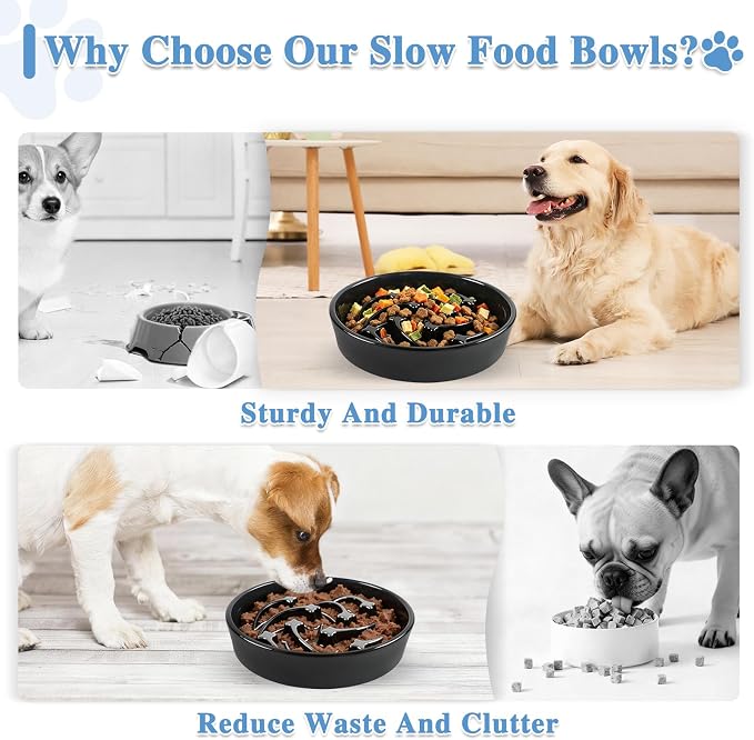 Ceramic Slow Feeder Dog Bowls, 2 Cups Dog Food Dish for Medium and Large Breed, Puzzle Dog Food Bowl for Fast Eater, 28OZ, 8.15 inch(Black)