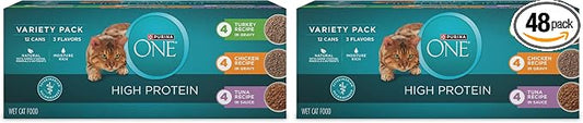 Purina ONE Natural,High Protein Cat Food Variety Pack,Turkey,Chicken and Tuna Recipes - 3 oz. Cans,(Pack of 48)