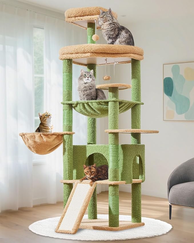 Taoqimiao 72 Inches Cat Tree for Large Cats, Multi-Level Tall Cat Tower, Widened Cat Condo with Large Scratch Board, 5 Scratching Posts, Metal Hammcock, Cozy Basket, Cactus, MS045T