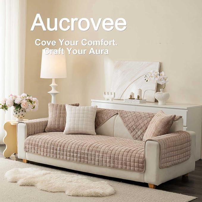 Velvet Washable Couch Cover for Pets Dogs, Non Slip Sectional Sofa Covers for 3 Cushion Couch Sofa L Sharped Sofa Arm Slipcover, Furniture Protector Covers(1 PCS 36"x36" Khaki)