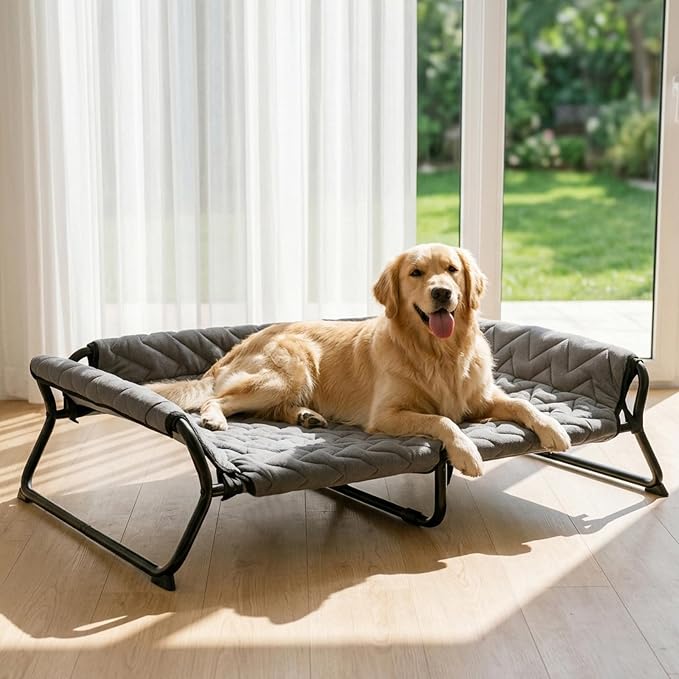 Elevated Dog Bed with Bolster, 2-in-1 Raised Dog Cot for Large Dogs up to 90 lbs, Removable Machine Washable Cushion, Stable X-Frame Dog Sofa Bed for Indoor Covered Outdoor Use