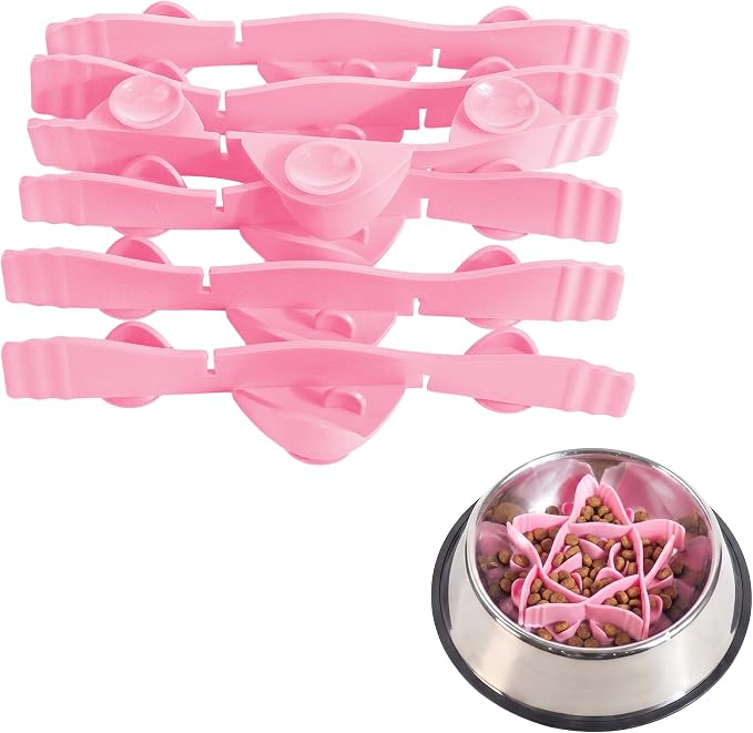 Silicone Dog Slow Feeder Bowl Insert with Suction Cups, Cuttable Food-Grade Lick Mat Divider Fits Stainless Steel Ceramic Glass Dog Bowls, Helps Slow Down Eating, Pink