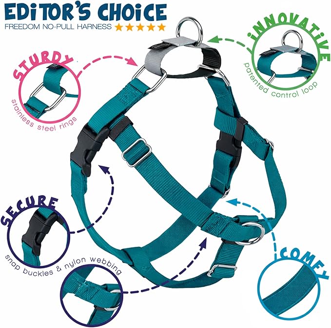 2 Hounds Design Freedom No Pull Dog Harness, Adjustable Harness, Easy Walking & Comfortable Control, Fits Small, Medium & Large Dogs, Solid Colors, Made in USA, 5/8" XS, Teal