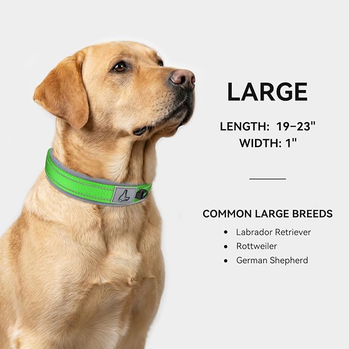 Joytale Dog Collar for Large Dogs, Neoprene Padded and Adjustable, Reflective Wide Heavy Duty Pet Collars with Durable Metal Belt Buckle for Walking, Green, L
