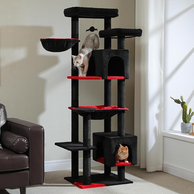 69” Gothic Cat Tree for Indoor Cats Large Adult, Multi-Level Cat Tower with Scratching Post, Dual Top Perches, Big Hammock, 2 Condos & Bat Toy Ball, Cat Furniture for Multi-Cat Households, Black