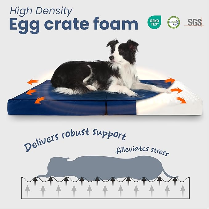 Laifug Foldable Waterproof Dog Bed for Large Dogs - Outdoor Orthopedic Dog Bed with Washable Removable Cover, Pet Mattress with Handles,Navy Blue, (36 x 27 x 3.5, inches)