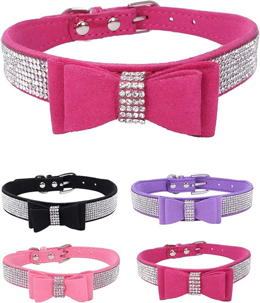 Rhinestone Dog Collar for Small Medium Large Dogs, Adjustable Leather Suede Bling Dog Collars，Diamond Bow Tie Puppy Collars for Boy and Girl.