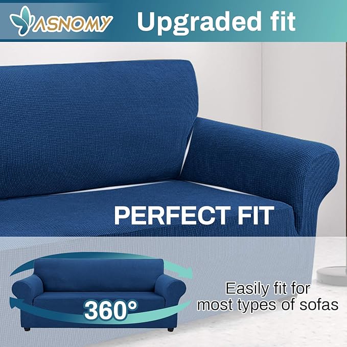 Asnomy Couch Covers for 3 Cushion Couch Stretch Sofa Covers Slipcovers, Pet Protector Furniture Covers for Dogs Cats Spandex Jacquard Fabric Small Checks （X-Large，Classic Blue）