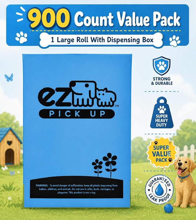900 Pet Waste Disposal Dog Poop Bags, Z Pickup Bag Blue Clean Up | heavy duty, leak proof, 7"x12", puppy training, dog walking, ez pick up bags