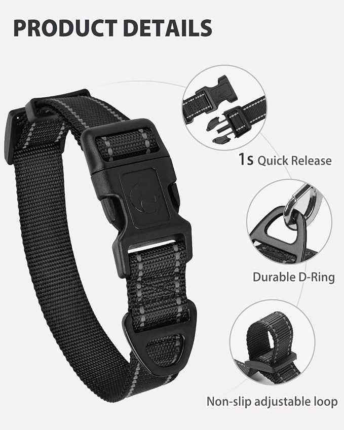 Joytale Small Dog Collar, Durable Double-Sided Reflective Nylon Collar for Night Safety, Adjustable Quick-Release for Active Breeds, Black, S (3/4" Width)