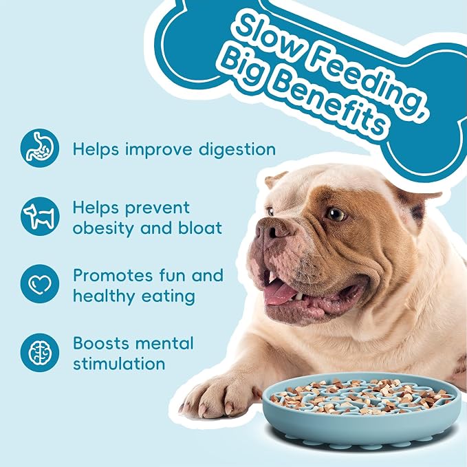 Silicone Slow Feeder Dog Bowl – Sky Blue Bone Pattern | Food-Grade Non-Slip Dog Dish for Anti-Bloat, Fast Eating Prevention, 7.5” x 1.5”, Dishwasher Safe