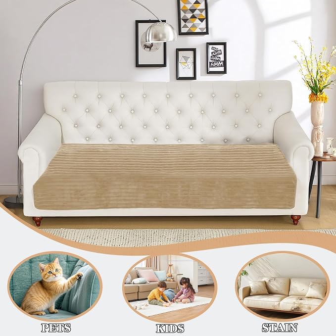 NAISI Couch Covers for Dogs Waterproof Flannel Striped Sofa Cover Pet Friendly Washable Dog Mat for Couch Anti Slip Sectional Sofa Slipcover Protector(1pc/35"x 70",Camel)
