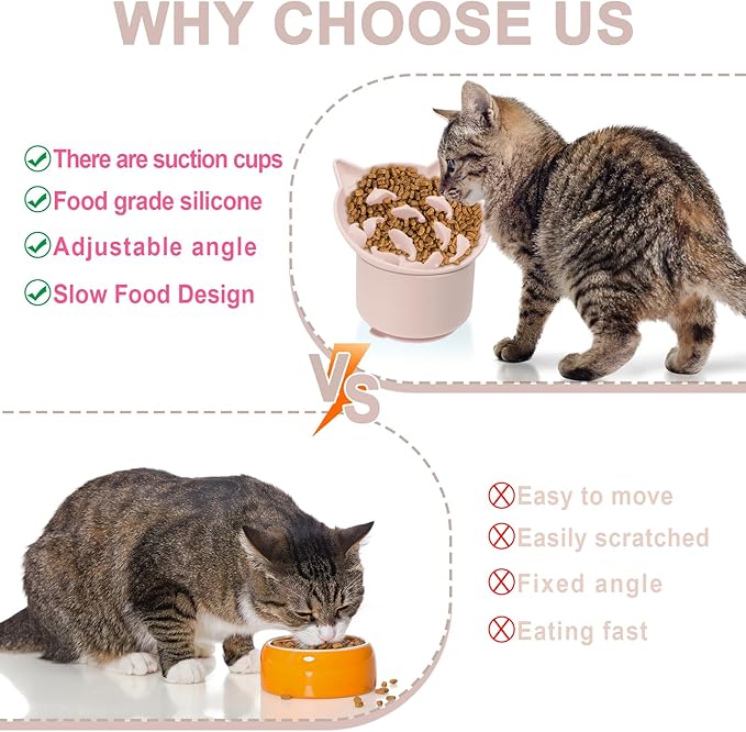 Silicone Cat Slow Feeder, Elevated Slow Feeder Bowl Tilt Design, Suitable for Dry and Wet Food, Adjustable Angle, Cat Food Puzzle with Suction Cup(Pink)
