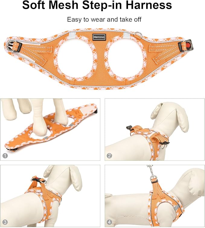 Mercano Soft Mesh Dog Harness and Leash Set, Step-in Reflective Breathable Lightweight Vest Harnesses with Safety Buckle for Small Dogs, Cats (Orange, XL)