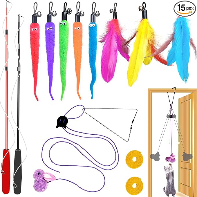 ZPH Cat Toys Interactive for Indoor Cats,2PCS Retractable Cat Wand,9PCS Teaser Toys&1PCS Hanging Door Lure Kitten Toy,Interactive Feather Toy for Teaser Play and Chase Exercise with Kitten