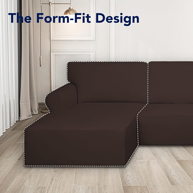 PureFit Super Stretch Sectional Couch Covers - 2 pcs Spandex Non Slip Sofa Covers with Elastic Bottom for L Shape Sectional Sofa Couch, Great for Kids & Pets (3 Seat Sofa + 2 Seat Chaise, Chocolate)