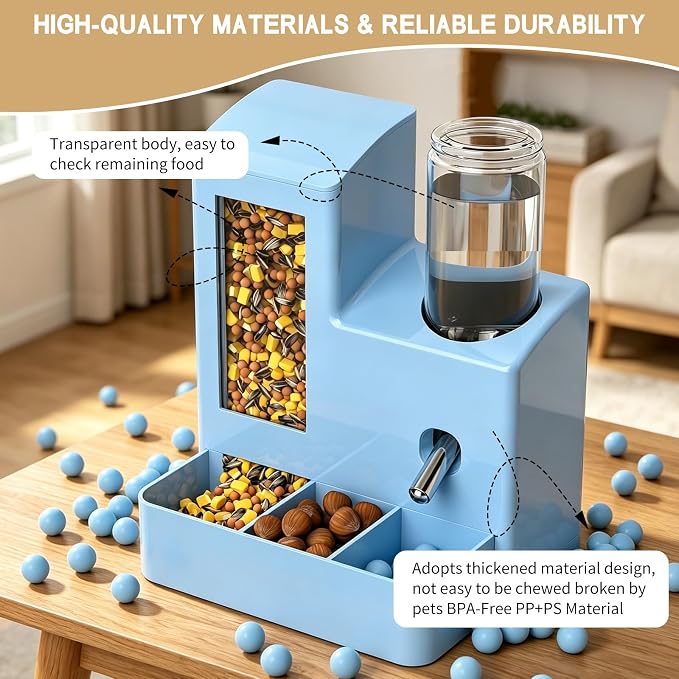 Hamster Water Bottle and Food Bowl, No Drip 2-in-1 Automatic Feeder and Waterer, Gravity Self Feeding Guinea Pig Feeder for Small Pets, Hamster Cage Accessories, 5.51 x 4.33 x 6.49 Inch