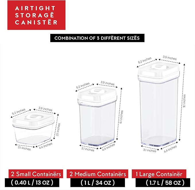 DWËLLZA KITCHEN Airtight Food Storage Containers with Lids - 5 Piece Set - Kitchen Accessories - Pantry Organization and Storage Containers for Food - Clear BPA-Free - Keeps Food Fresh & Dry
