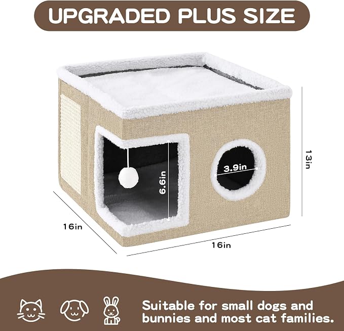 Cat Beds for Indoor Cats Houses, Large Cat Cave with Fluffy Ball and Scratch Pad, Foldable Cat House with Hideaway Tent for Kitten, 16x16x13inch, Khaki
