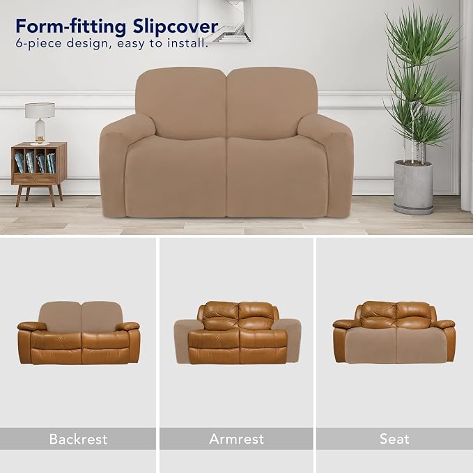 PureFit Super Stretch Loveseat Recliner Sofa Couch Cover with Pocket – 2 Seats Non Slip Soft Sofa Slipcover, Washable Reclining Furniture Protector for Kids, Pets (Recliner Loveseat, Camel)