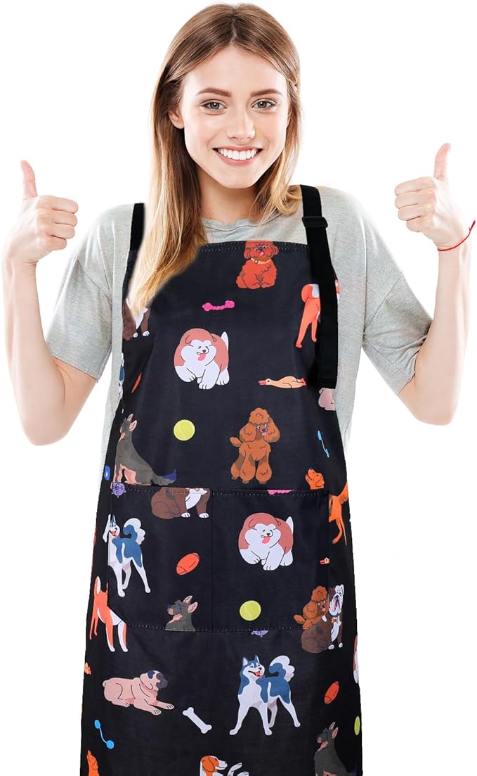 Dog Grooming Waterproof Apron with 2 Pockets, Cute Animals Puppy Dog Pets Apron