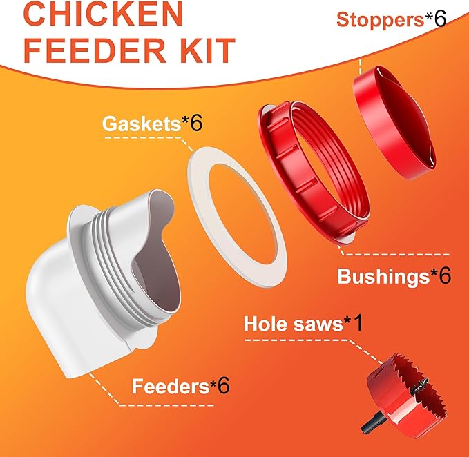 ZenxyHoC Chicken Feeders No Waste, DIY Automatic Poultry Feeder 6 Ports 1 Hole Saw with Covers Gravity Feed Kit for Buckets Barrels Bins Troughs