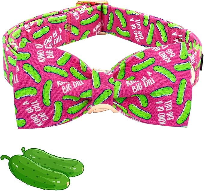 Elegant little tail Dog Collar, Dill Pickles Print Pet Collars with Bow Soft Cutton Boy Puppy Gift Adjustable Pink Bowtie Dog Collar for Large Dogs
