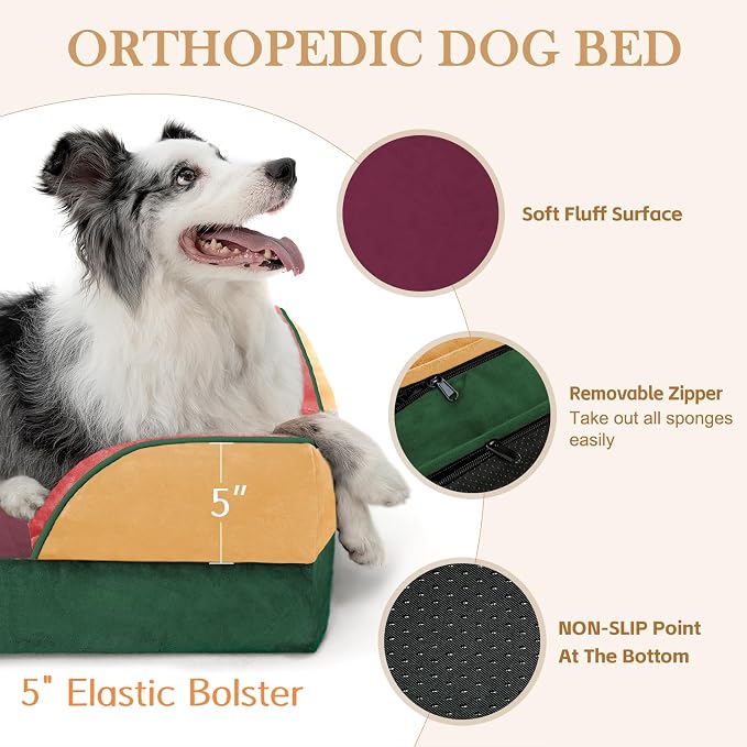 Comfort Expression Orthopedic Dog Bed for Large Dogs 36x27 Inch, Waterproof Egg Crate Foam Large Pet Bed with Bolsters, Dog Couch with Washable Cover & Non-Slip Bottom, Watermelon Meadow