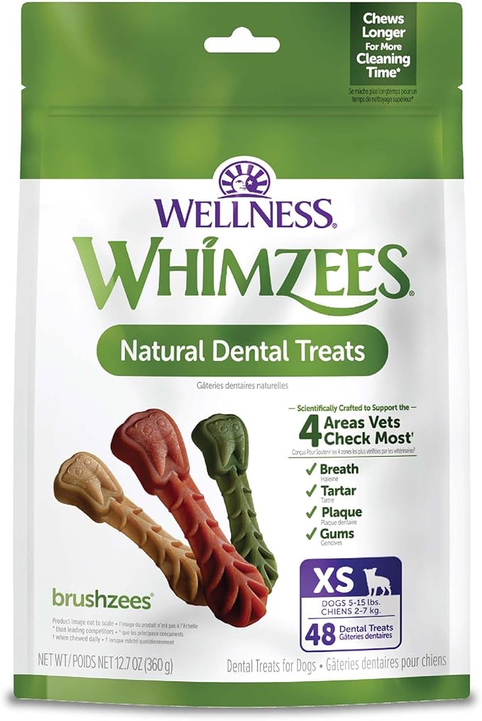 Whimzees Wellness Brushzees Natural Dog Dental Treat, VOHC Accepted Chews, Freshens Breath, Extra-Small Size, 12.7 oz Bag, 48 Count