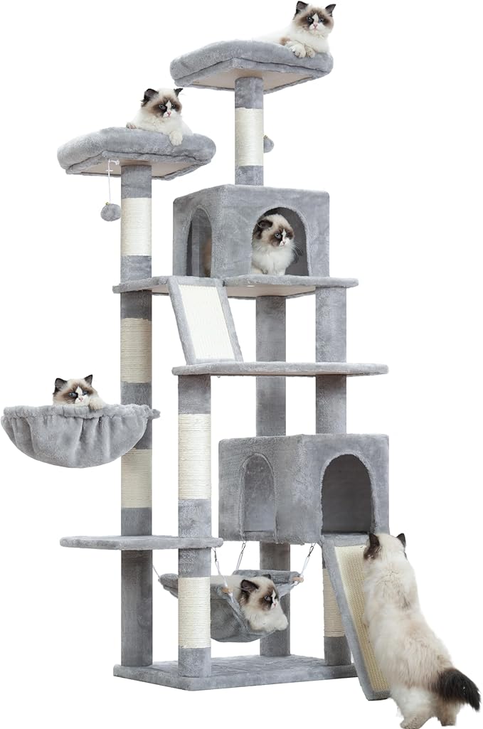 Gitelsnour Cat Tree for Indoor Cats, 71'' (180cm) Multi-Level Cat Tower for Large Adult, Sturdy Cat Tree House with 2 Scratching Boards 7 Posts, 2 Plush Perches/Condos, Hammock, Light Gray GCT032W