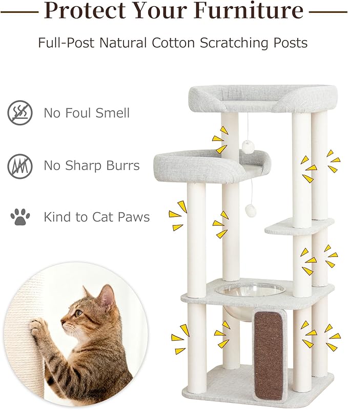Cat Tree for Large Cat, Modern Senior Friendly Cat Tower with Wide Shelves Low Step, Cotton Scratching Posts, Super Sturdy Base, Cozy Perches, and Interactive Toys (Gray)