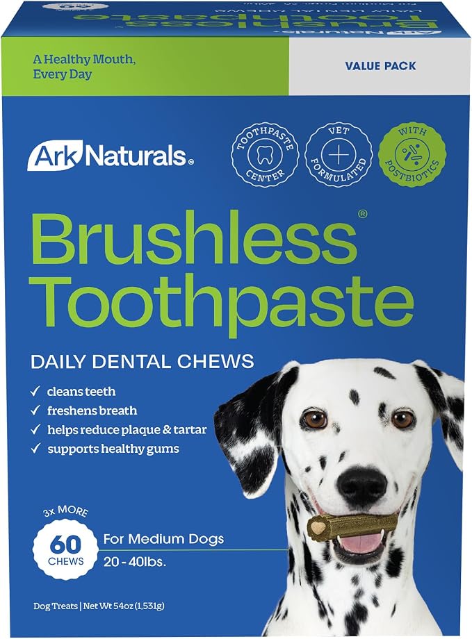 Ark Naturals Brushless Toothpaste – Medium Breeds, 54oz Bag – Dog Dental Chew with Toothpaste Center – Freshen Breath and Reduce Plaque & Tartar with Dental Chews for Dogs