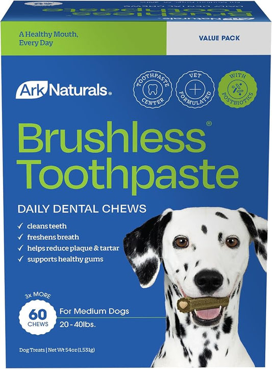 Ark Naturals Brushless Toothpaste – Medium Breeds, 54oz Bag – Dog Dental Chew with Toothpaste Center – Freshen Breath and Reduce Plaque & Tartar with Dental Chews for Dogs