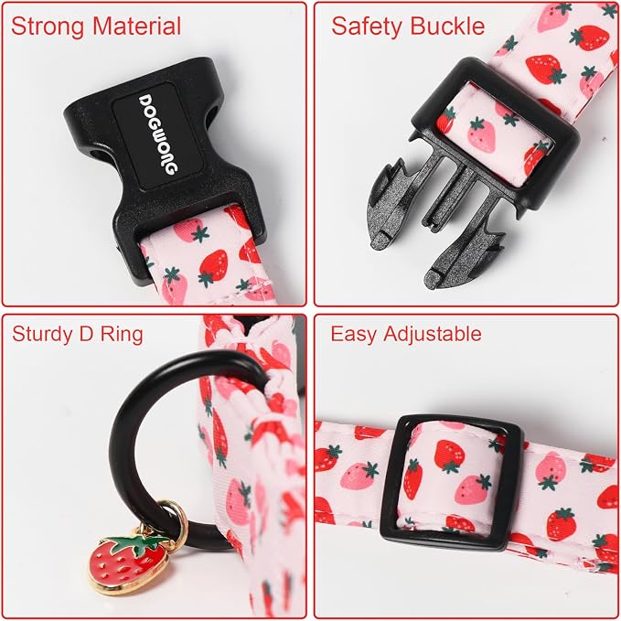 Pink Strawberry Dog Collar for Girly Dogs- DOGWONG Spring Summer Girl Strawberry Dog Collar, Adjustable Soft Cute Dogs Collars for Small Medium Dogs, XS