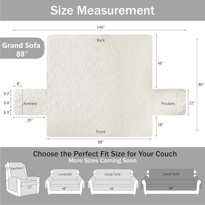 Quilted Grand Sofa Covers Washable, Couch Cover for Grand Leather Sofa, Soft Cozy Couch Protector for 4 Cushion Couch, Oversized Grand Sofa Slipcovers Water-Repellent (Grand Sofa 88", Ivory White)