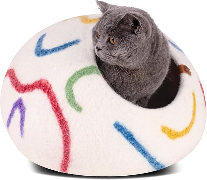 MEOWFIA Cat Cave – Premium Felt Cat Enclosure for Indoor Cats, Handmade Merino Wool (Ivory Rainbow, Medium)