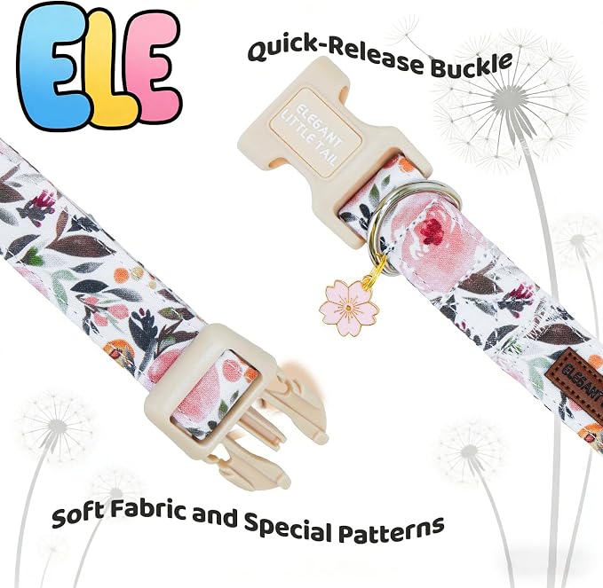 Elegant little tail Dog Collar - Pink Floral Dog Collars Cute Spring Puppy Adjustable Pet Collars with Sturdy Quick Release Buckle for Medium Dogs