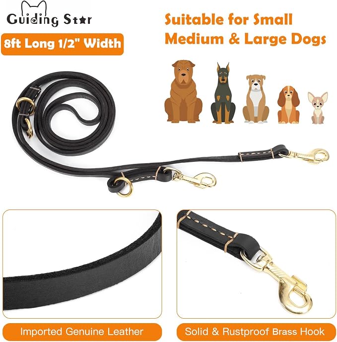 Guiding Star 8ft Leather Dog Leash - Soft Multi-function 6 in 1 Training Walking Leash, Hands Free, Dual, Crossbody for Small, Medium and Large Dogs, Service Dogs, Black