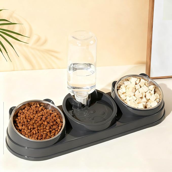 3 in 1 Cat Bowls Pet Feeder with Water Dispenser, 15° Raised Cat Dish Food and Water Bowls Set for Wet/Dry Food, Triple Pet Feeding Station for Rabbit Kitten Bunny (Grey)