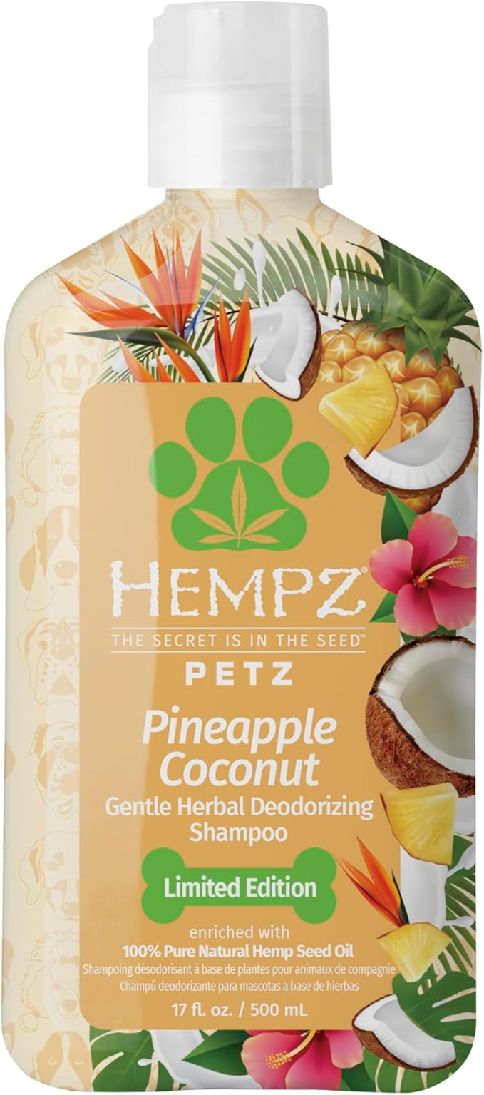 Hempz NEW Pet Shampoo, Deodorizing wash for Smelly Dogs or Cats, Tropical Pineapple Coconut Scent, Dog & Cat Shampoo 17 oz.