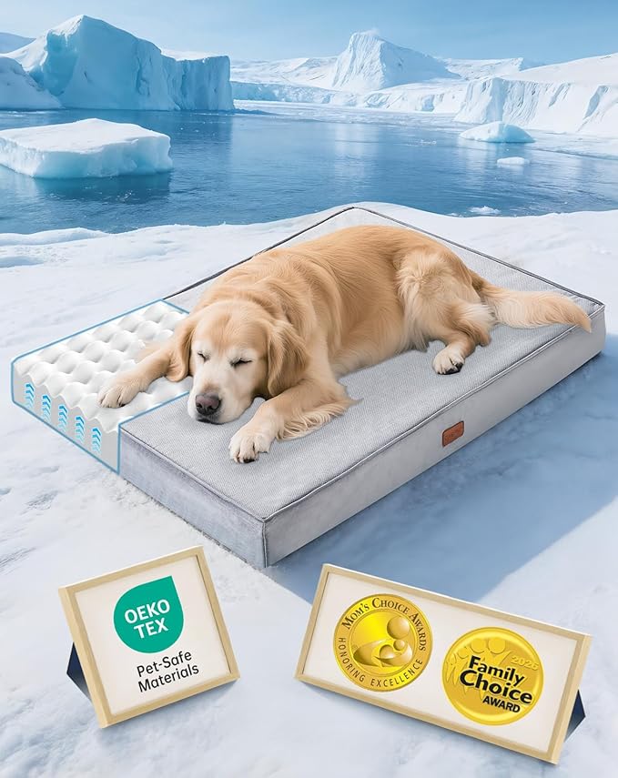 OhGeni Orthopedic Cooling Dog Bed for Extra Large Dogs, Cooling Mat with Machine-Washable Removable Cover in Easy-Clean Fabric, High Density Foam & Easy-Carry Handle, Summer Pad, 41 inch (Gray)