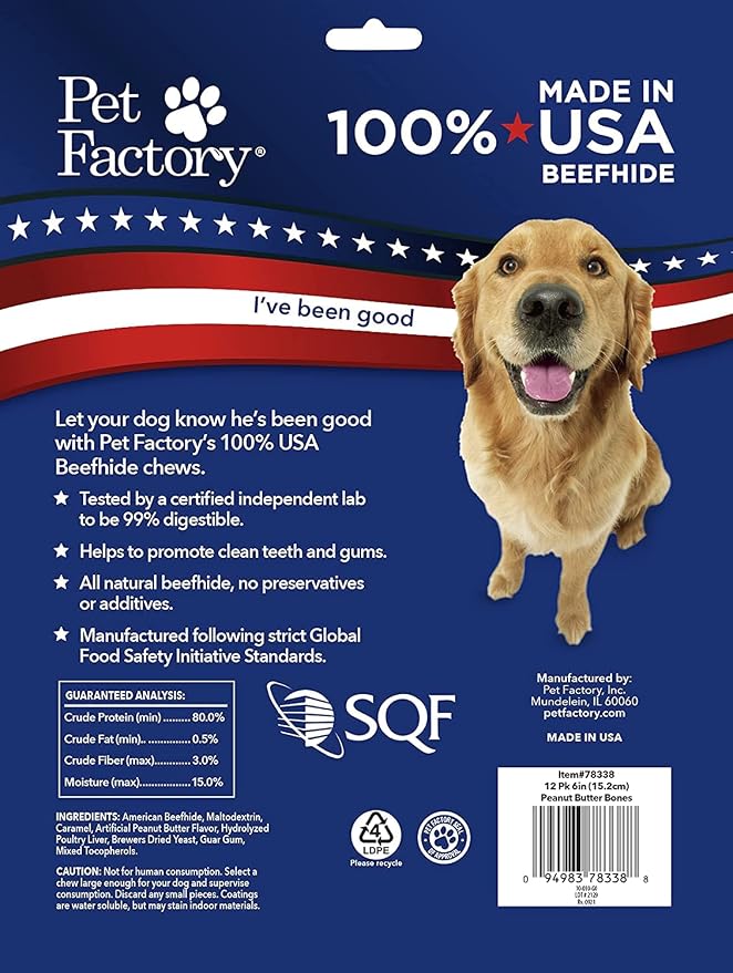 Pet Factory 100% Made in USA Beefhide 6" Knotted Bones Dog Chew Treats - Peanut Butter Flavor, 12 Count/1 Pack